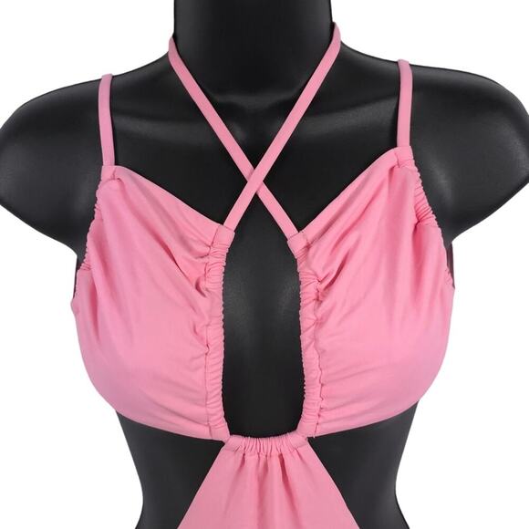 WeWoreWhat Cut Out One Piece Swimsuit Baby Pink Halter Runched Cup Tie - Picture 4 of 16